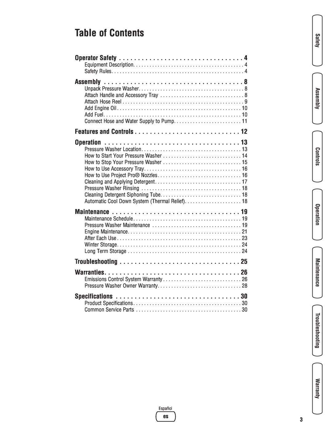 Briggs & Stratton 020364-0 manual Table of Contents, Español 