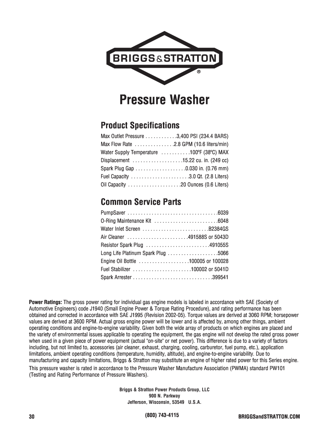Briggs & Stratton 020364-0 manual Pressure Washer, Product Specifications, Common Service Parts 