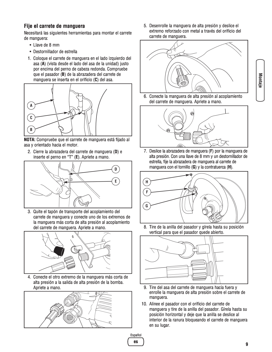 Briggs & Stratton 020364-0 manual Fije el carrete de manguera 