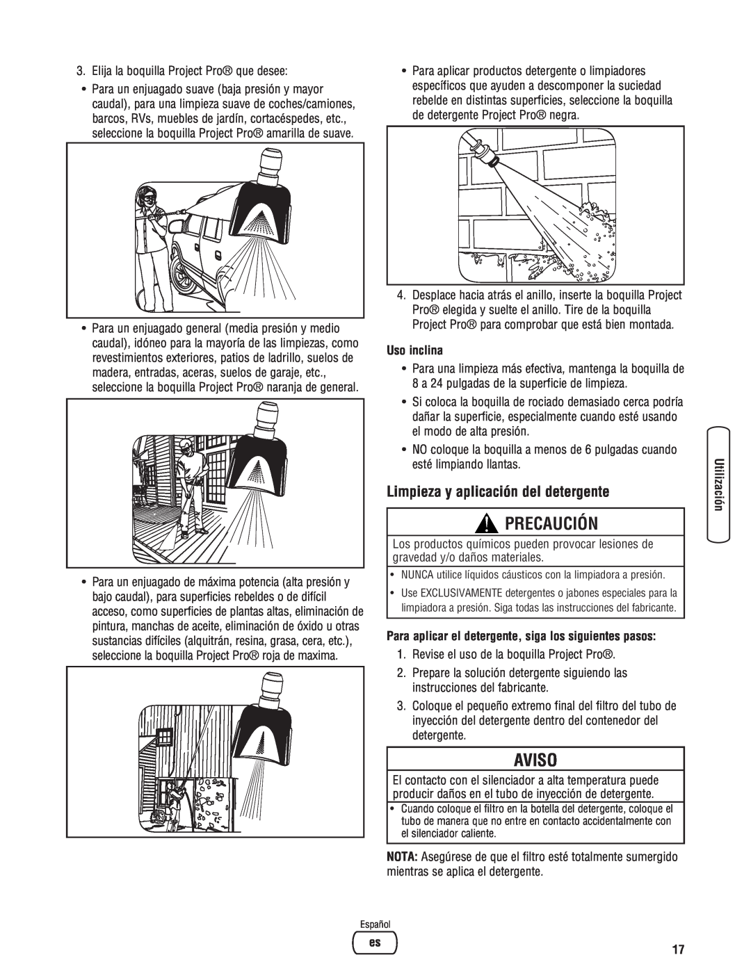 Briggs & Stratton 020364-0 manual Precaución, Aviso, Limpieza y aplicación del detergente, Uso inclina 