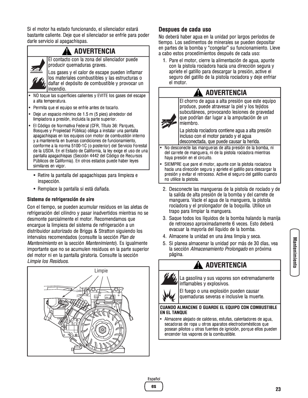 Briggs & Stratton 020364-0 manual Advertencia, Despues de cada uso, Sistema de refrigeración de aire 