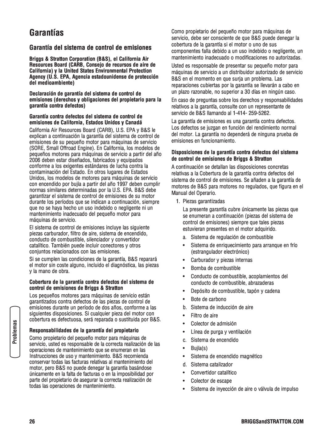 Briggs & Stratton 020364-0 manual Garantías, Garantía del sistema de control de emisiones 