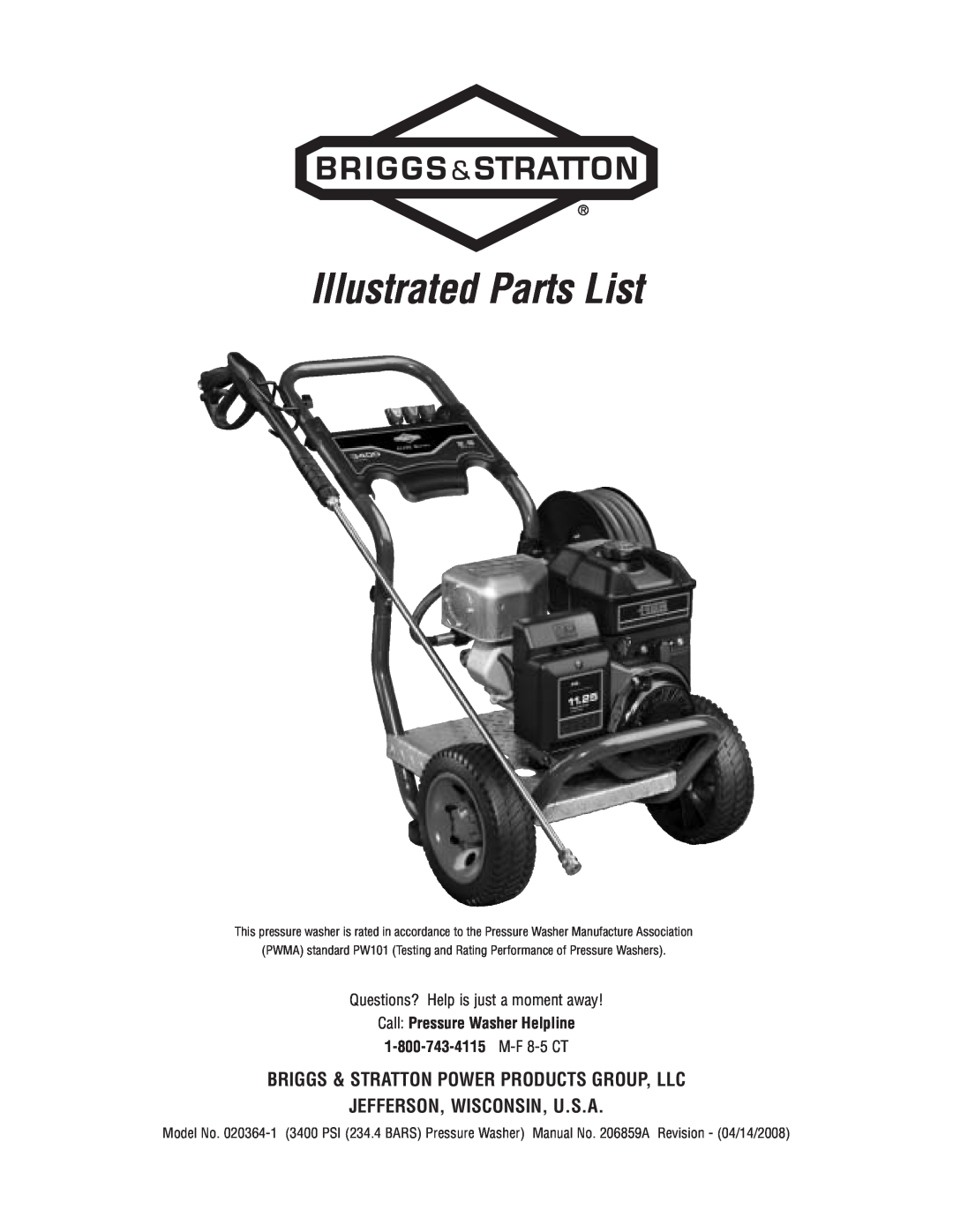 Briggs & Stratton 020364-1 manual Illustrated Parts List, Briggs & Stratton Power Products Group, Llc 