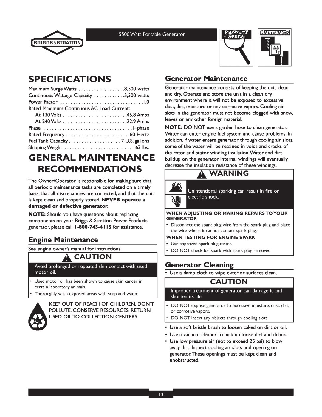 Briggs & Stratton 030206 Specifications, General Maintenance Recommendations, Engine Maintenance, Generator Maintenance 