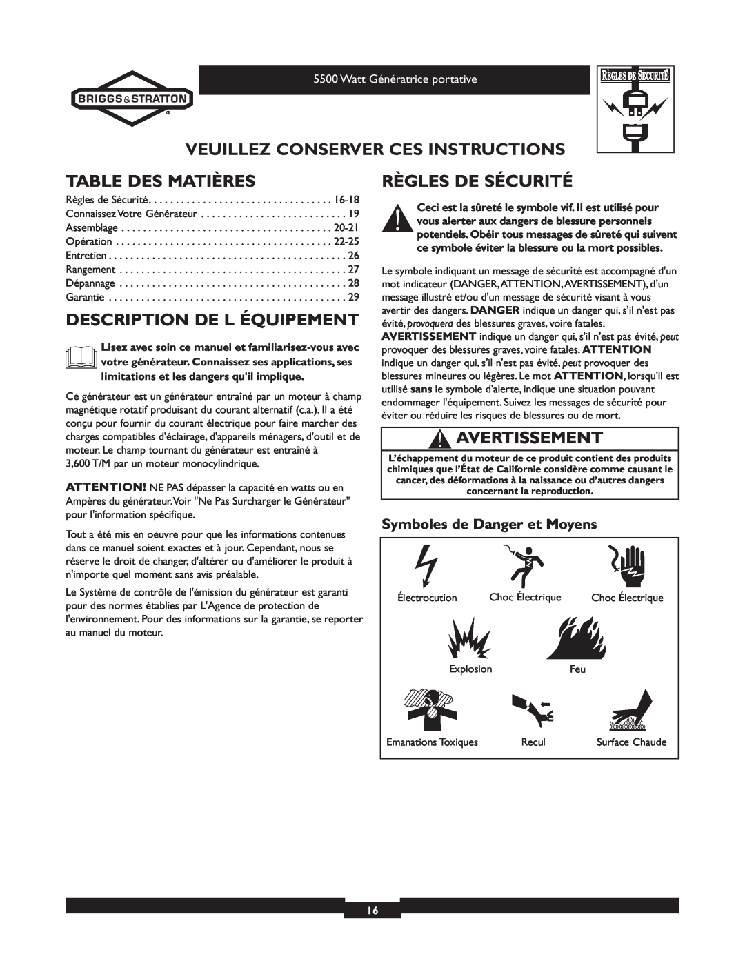 Briggs & Stratton 030206 owner manual Veuillez Conserver Ces Instructions, Table Des Matières, Description De L Équipement 