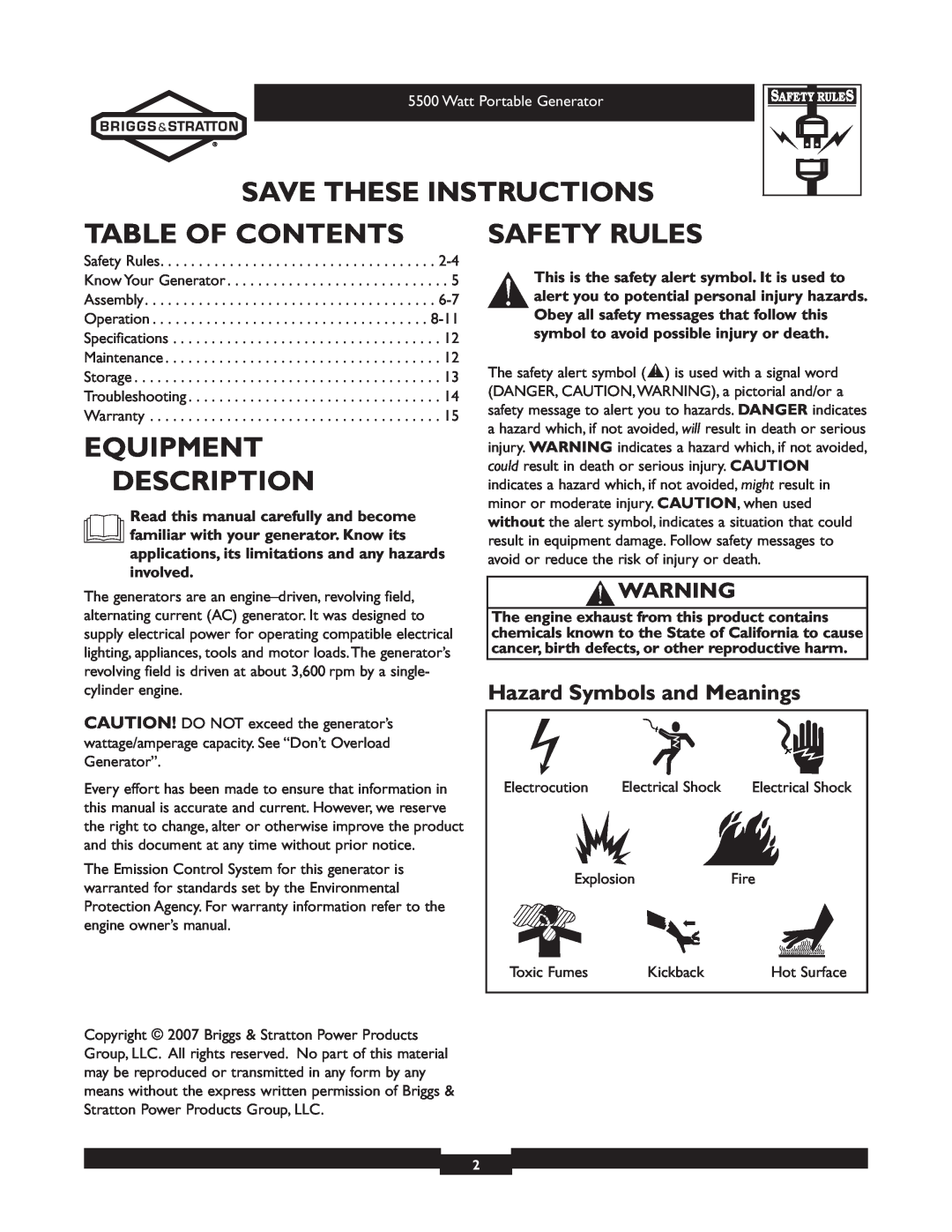 Briggs & Stratton 030206 owner manual Save These Instructions, Table Of Contents, Equipment Description, Safety Rules 