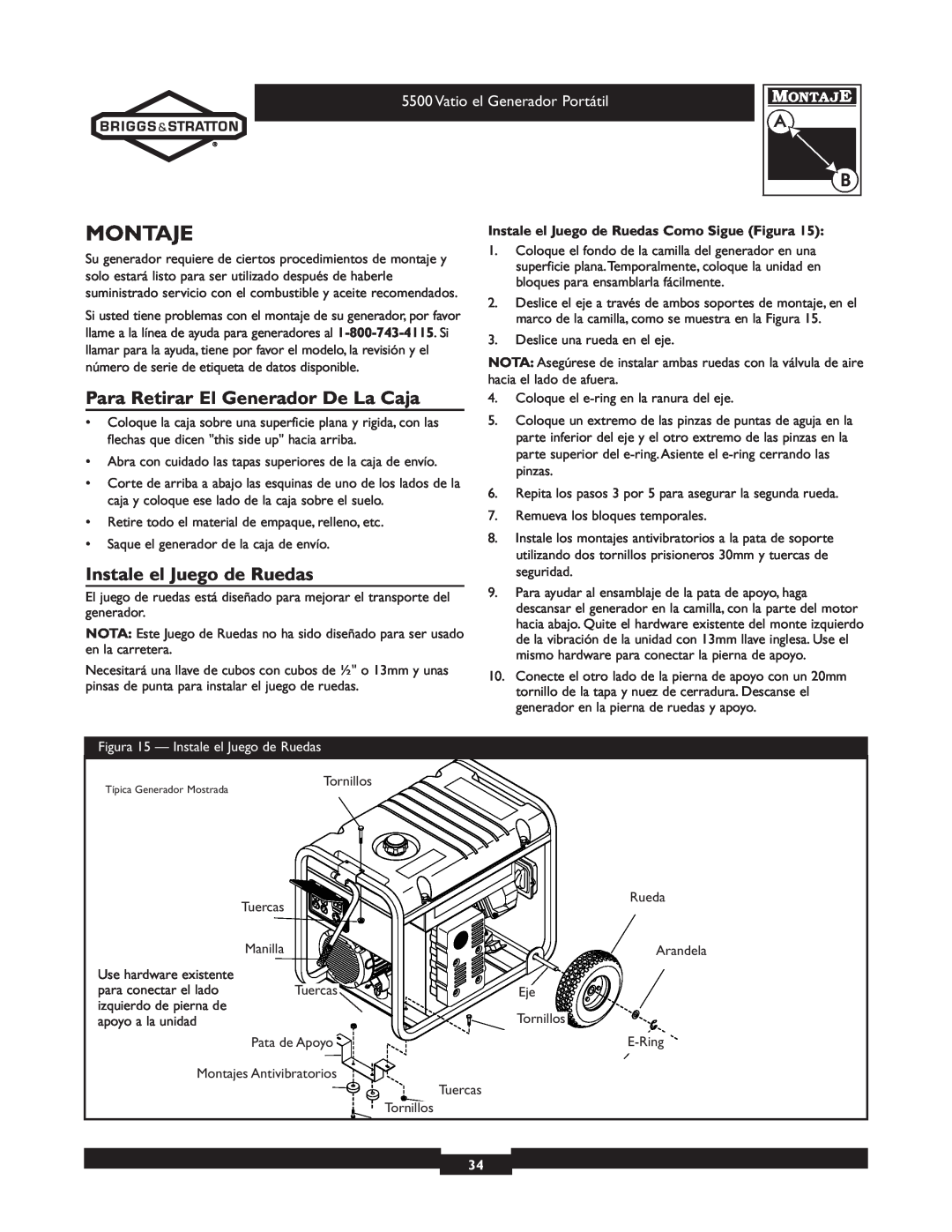 Briggs & Stratton 030206 owner manual Montaje, Para Retirar El Generador De La Caja, Instale el Juego de Ruedas 