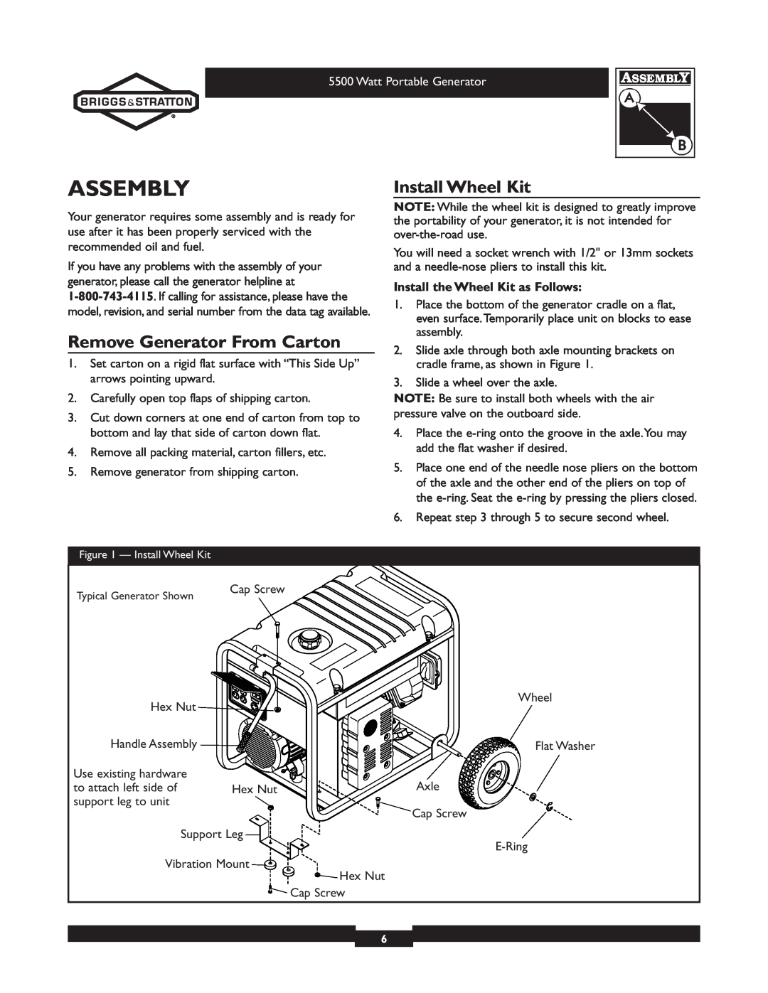 Briggs & Stratton 030206 owner manual Assembly, Remove Generator From Carton, Install Wheel Kit, Watt Portable Generator 