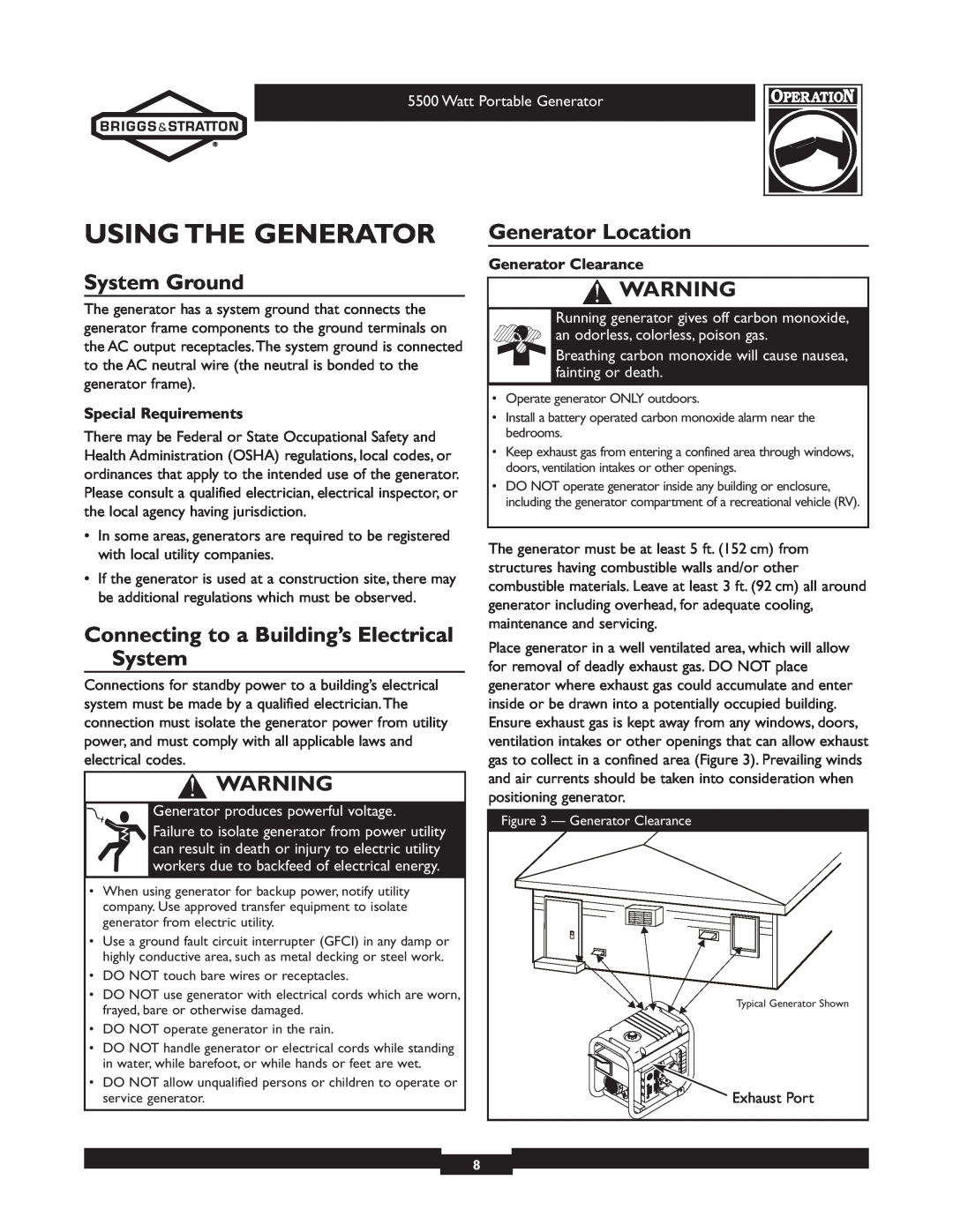 Briggs & Stratton 030206 owner manual Using The Generator, System Ground, Connecting to a Building’s Electrical System 