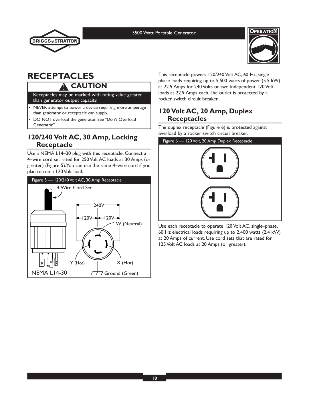 Briggs & Stratton 030206 120/240 Volt AC, 30 Amp, Locking Receptacle, Volt AC, 20 Amp, Duplex Receptacles, Hot 