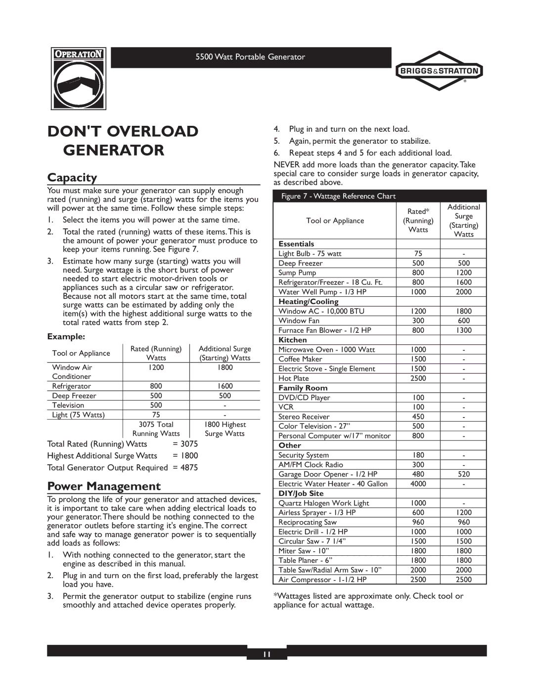 Briggs & Stratton 030206 owner manual Dont Overload Generator, Capacity, Power Management, Example 