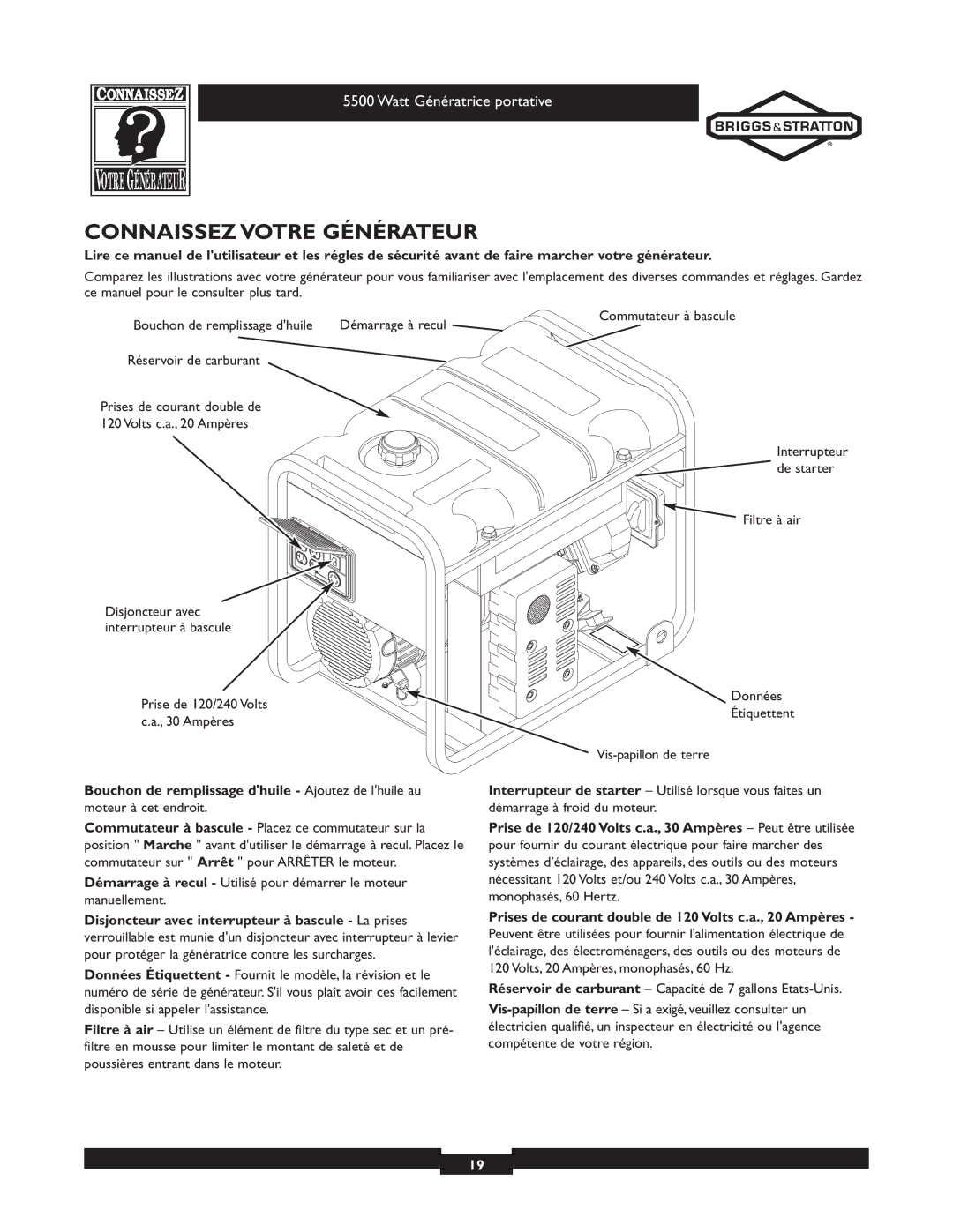 Briggs & Stratton 030206 owner manual Connaissez Votre Générateur, Bouchon de remplissage dhuile Ajoutez de lhuile au 