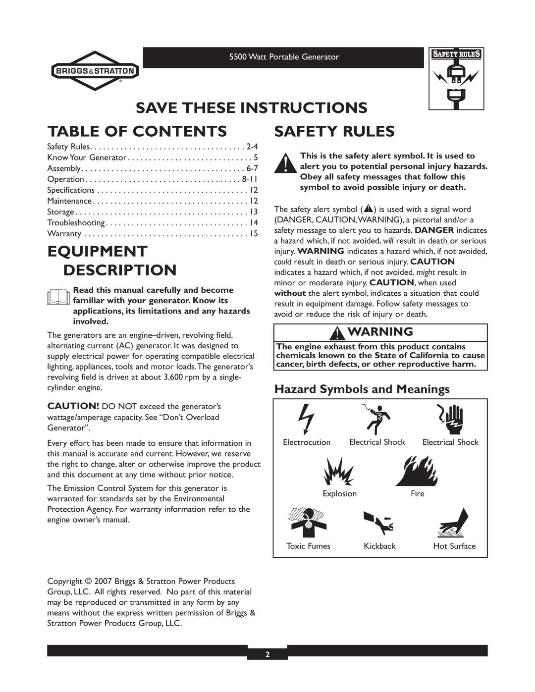 Briggs & Stratton 030206 owner manual Table of Contents, Equipment Description, Safety Rules 