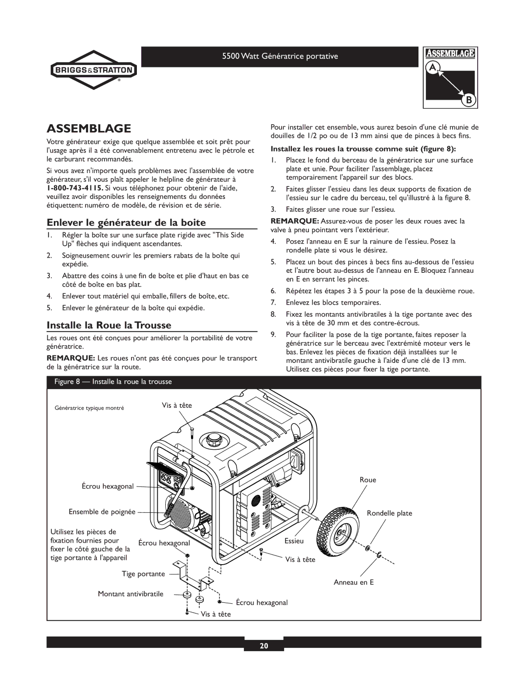 Briggs & Stratton 030206 Assemblage, Enlever le générateur de la boite, Installe la Roue la Trousse, Ensemble de poignée 