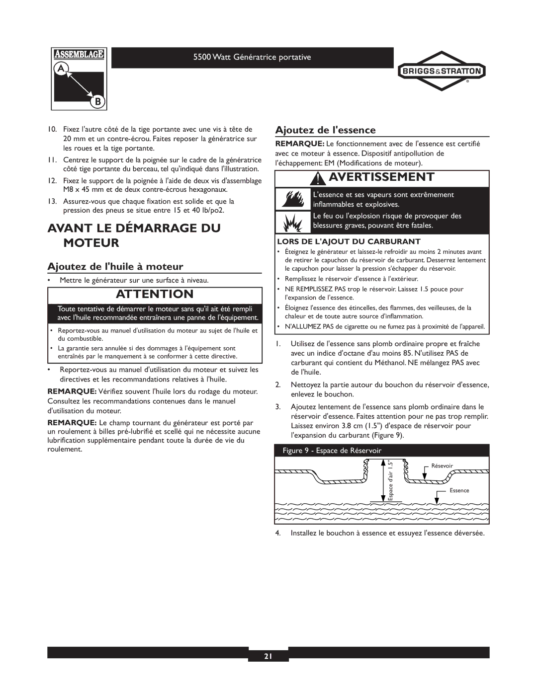 Briggs & Stratton 030206 owner manual Avant LE Démarrage DU Moteur, Ajoutez de lhuile à moteur, Ajoutez de lessence 