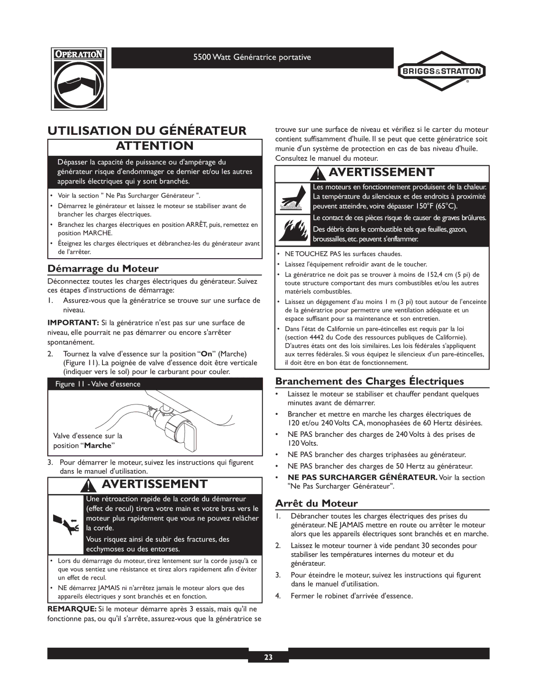 Briggs & Stratton 030206 owner manual Utilisation DU Générateur, Démarrage du Moteur, Branchement des Charges Électriques 