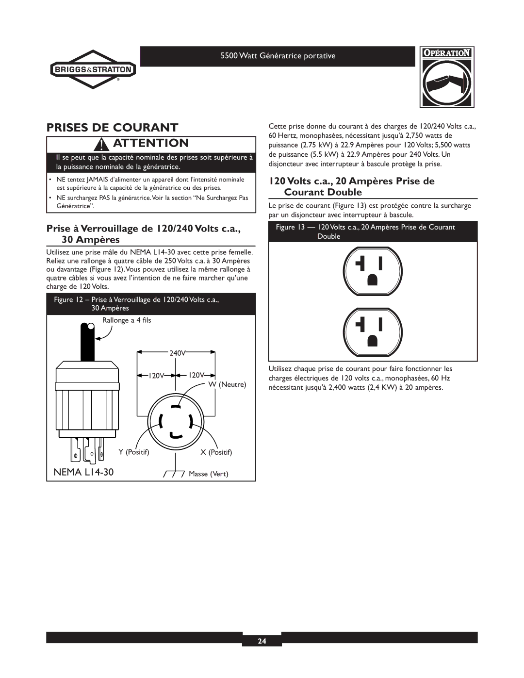 Briggs & Stratton 030206 Prises DE Courant, Volts c.a., 20 Ampères Prise de Courant Double, 240V 120V Neutre, Positif 