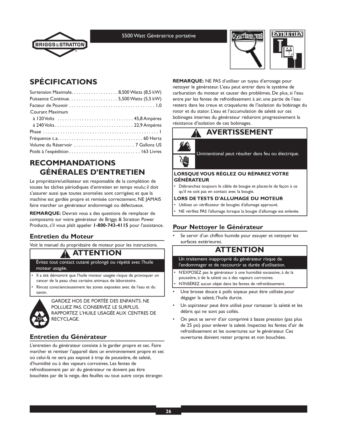 Briggs & Stratton 030206 owner manual Spécifications, Recommandations Générales D’ENTRETIEN, Entretien du Moteur 