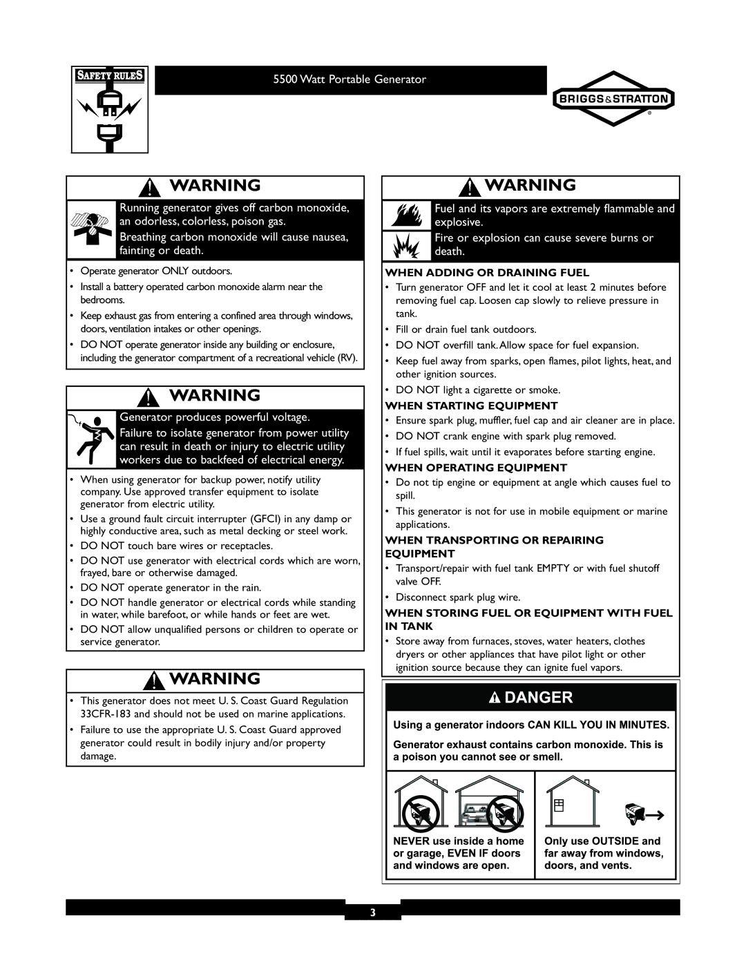 Briggs & Stratton 030206 owner manual When Adding or Draining Fuel, When Starting Equipment, When Operating Equipment 