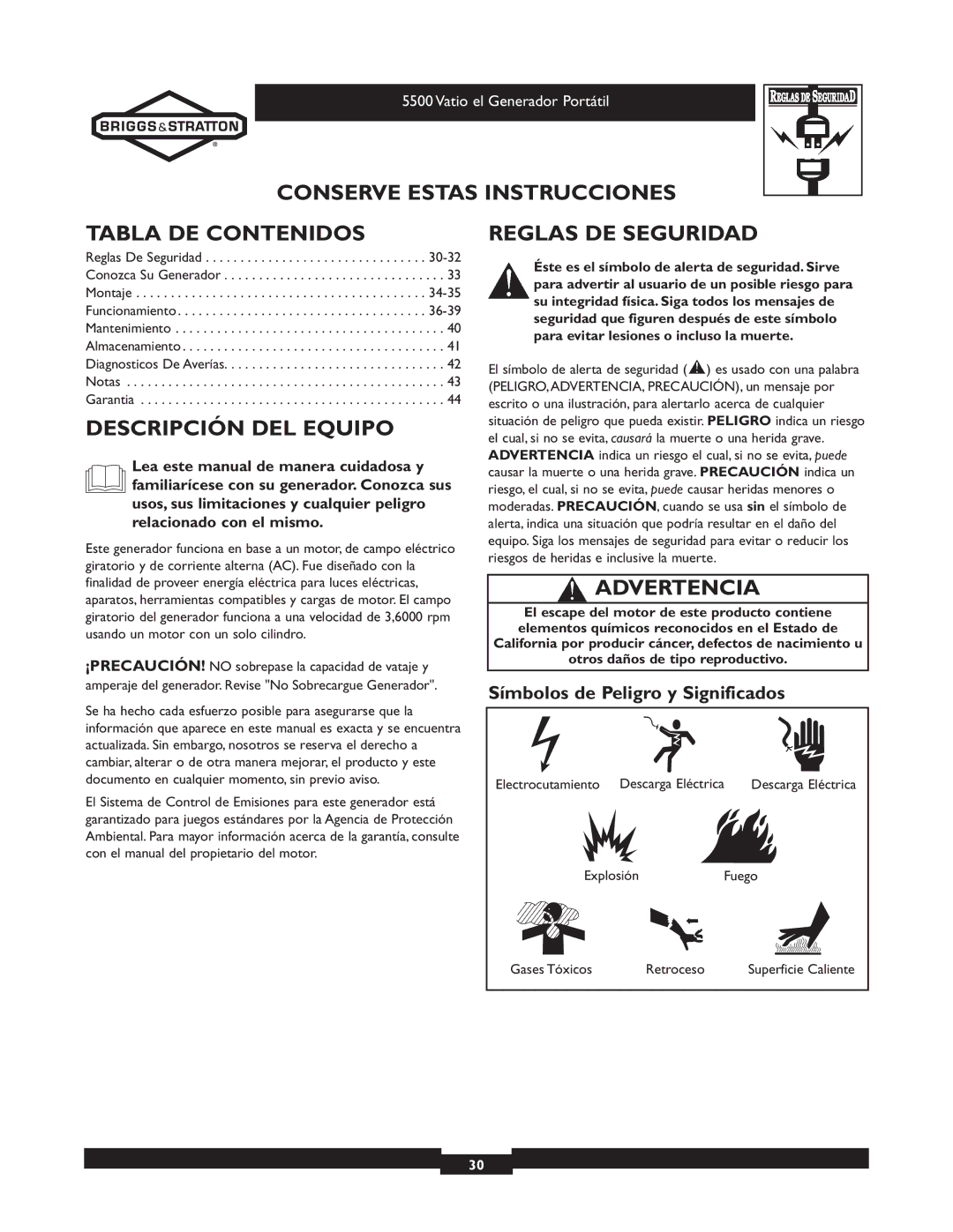 Briggs & Stratton 030206 Conserve Estas Instrucciones Tabla DE Contenidos, Descripción DEL Equipo, Reglas DE Seguridad 