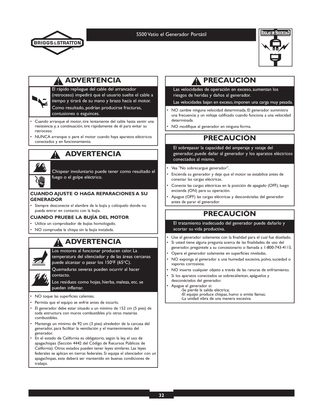 Briggs & Stratton 030206 Precaución, Cuando Ajuste O Haga Reparaciones a SU Generador, Cuando Pruebe LA Bujía DEL Motor 