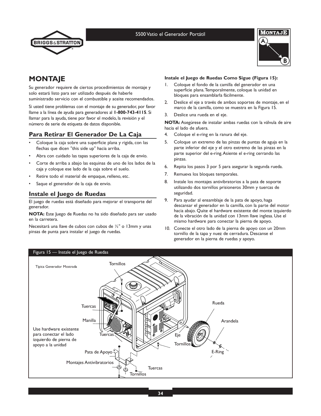 Briggs & Stratton 030206 owner manual Montaje, Para Retirar El Generador De La Caja, Instale el Juego de Ruedas 