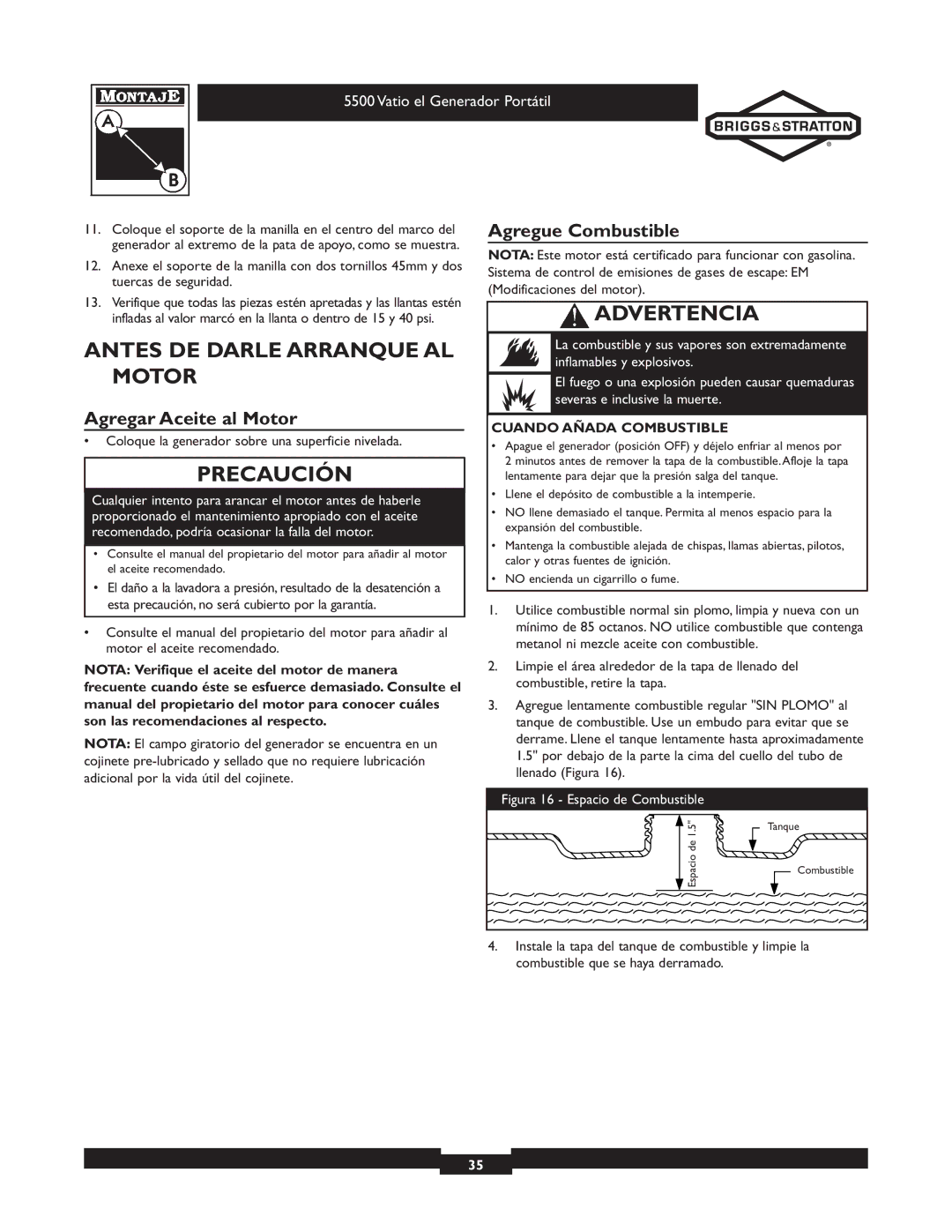 Briggs & Stratton 030206 owner manual Antes DE Darle Arranque AL Motor, Agregar Aceite al Motor, Agregue Combustible 