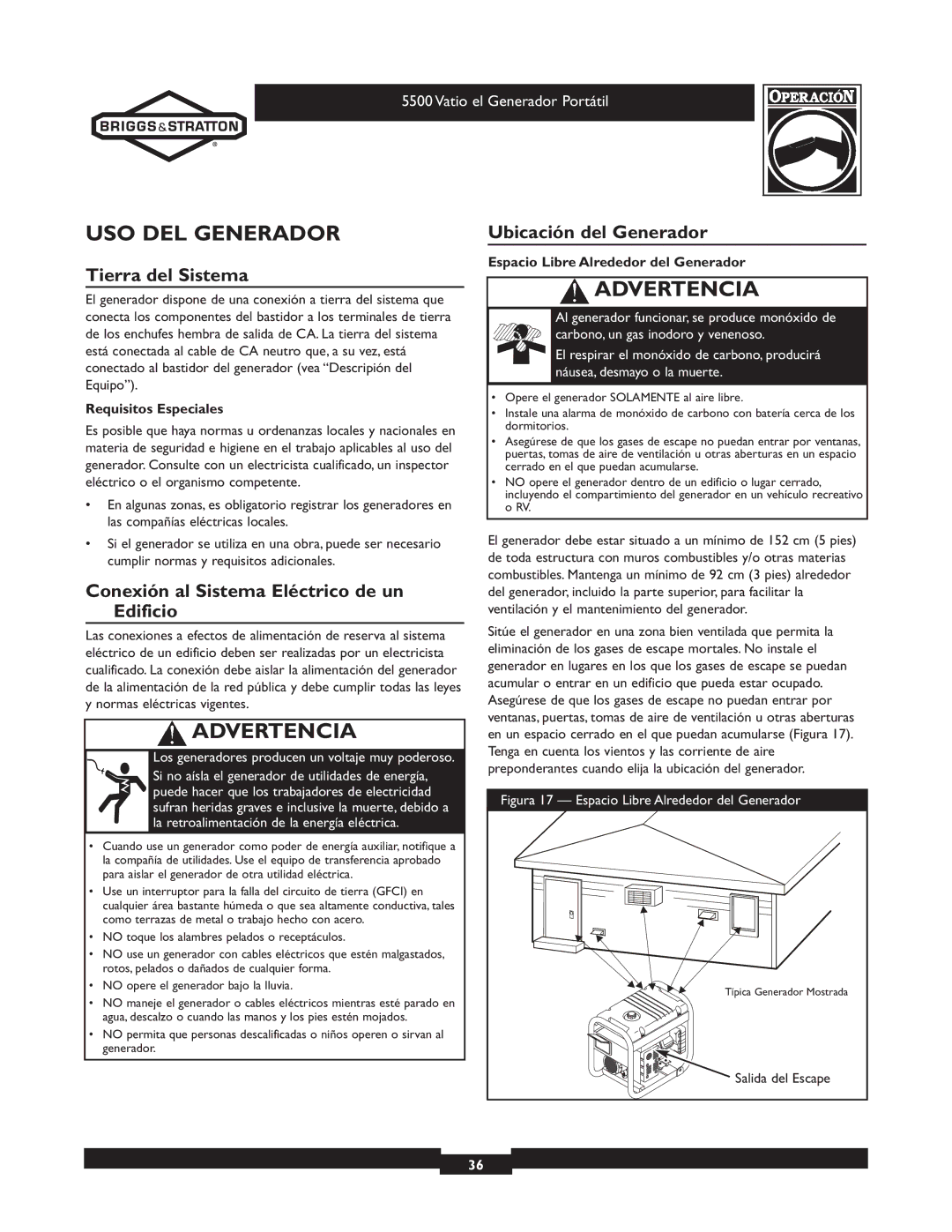 Briggs & Stratton 030206 owner manual USO DEL Generador, Tierra del Sistema, Conexión al Sistema Eléctrico de un Edificio 