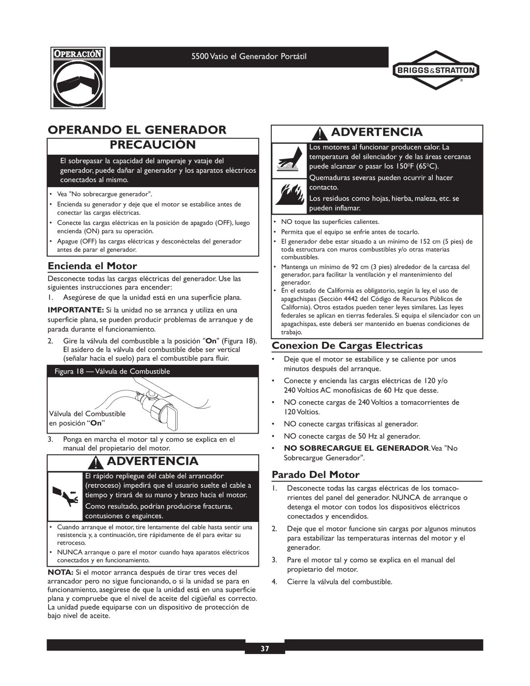 Briggs & Stratton 030206 owner manual Operando EL Generador Precaución, Encienda el Motor, Conexion De Cargas Electricas 