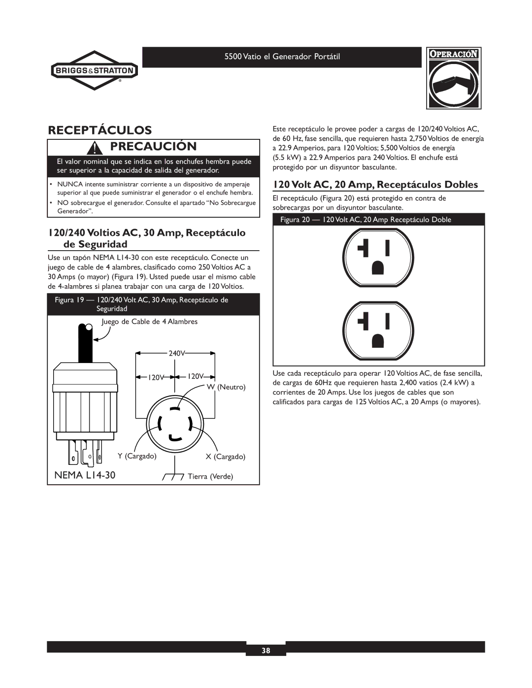 Briggs & Stratton 030206 owner manual Receptáculos Precaución, Volt AC, 20 Amp, Receptáculos Dobles, Tierra Verde 