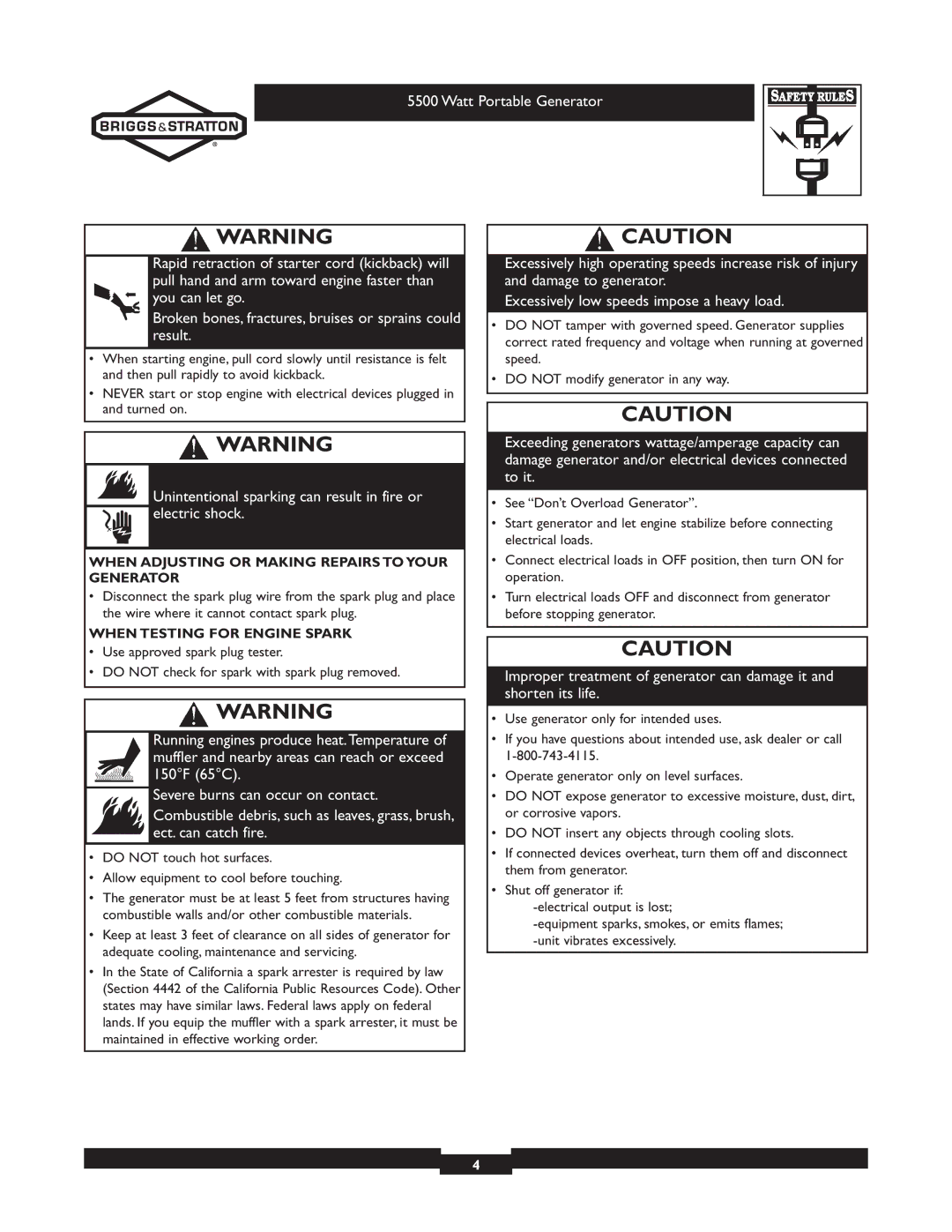 Briggs & Stratton 030206 owner manual When Adjusting or Making Repairs to Your Generator, When Testing for Engine Spark 