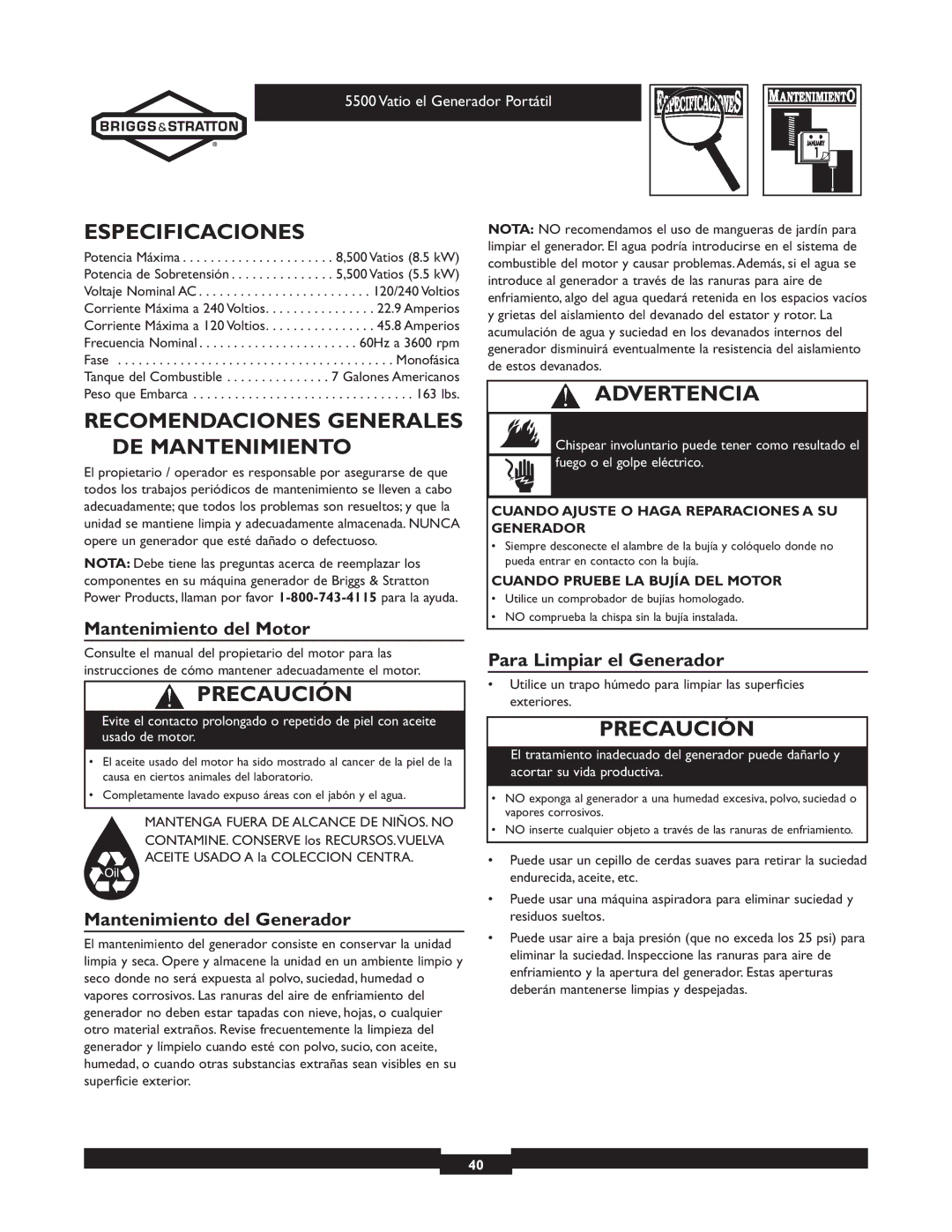 Briggs & Stratton 030206 owner manual Especificaciones, Recomendaciones Generales DE Mantenimiento, Mantenimiento del Motor 