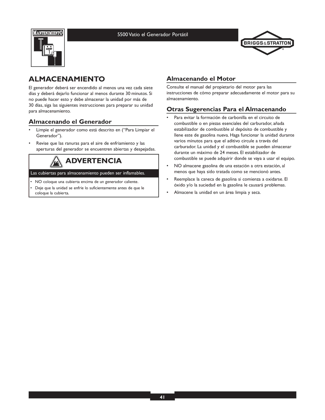 Briggs & Stratton 030206 owner manual Almacenamiento, Almacenando el Generador, Almacenando el Motor 