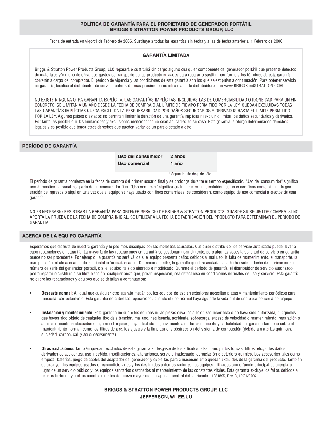 Briggs & Stratton 030206 owner manual Garantía Limitada 