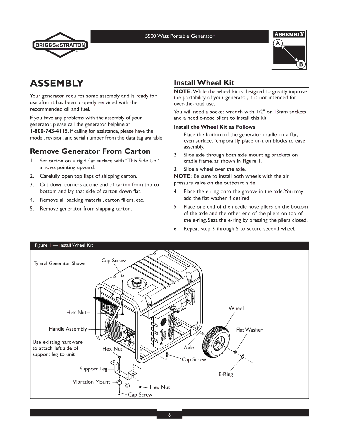 Briggs & Stratton 030206 Assembly, Remove Generator From Carton, Install Wheel Kit, Install the Wheel Kit as Follows 