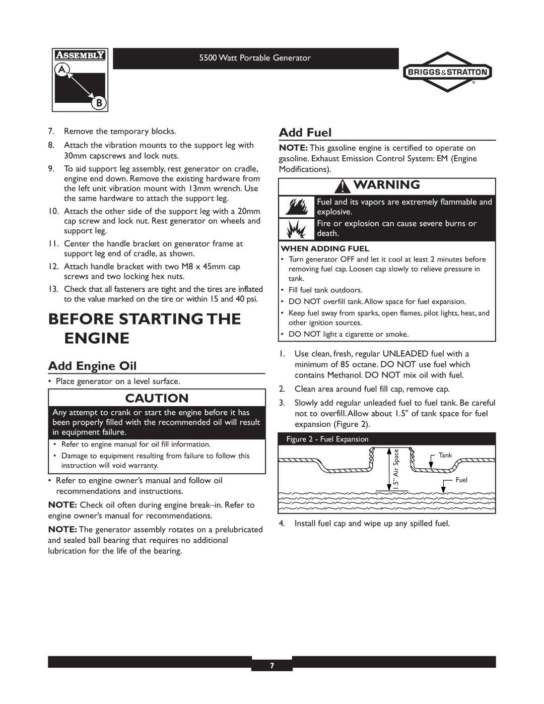 Briggs & Stratton 030206 owner manual Before Starting the Engine, Add Engine Oil, Add Fuel, When Adding Fuel 