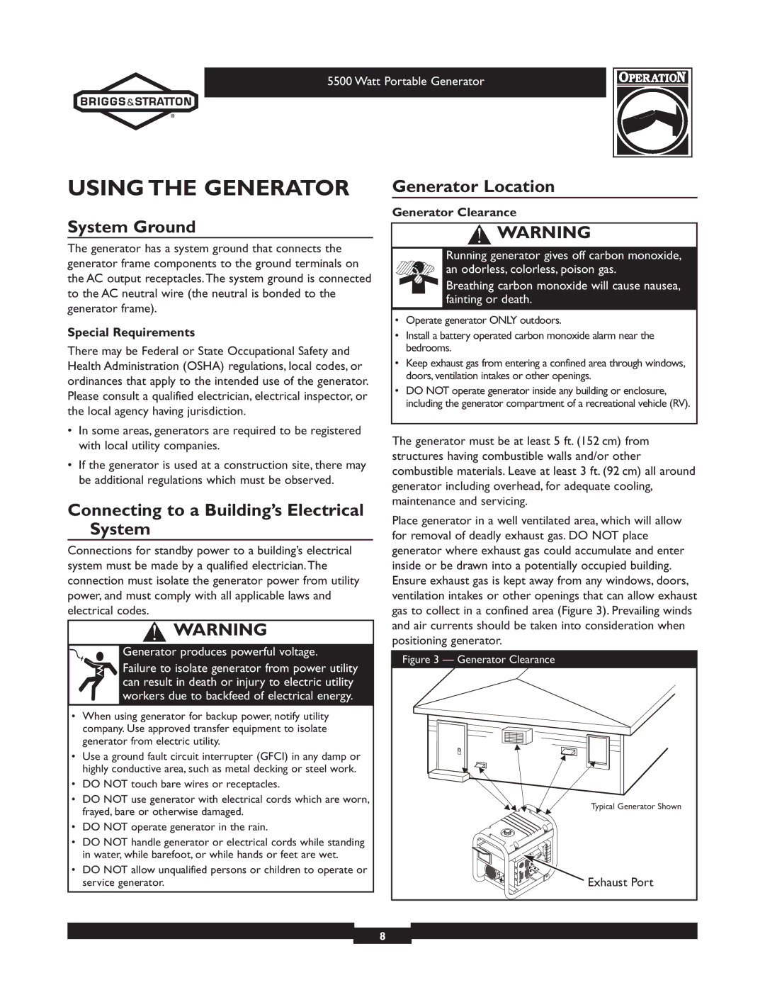 Briggs & Stratton 030206 owner manual Using the Generator, System Ground, Connecting to a Building’s Electrical System 