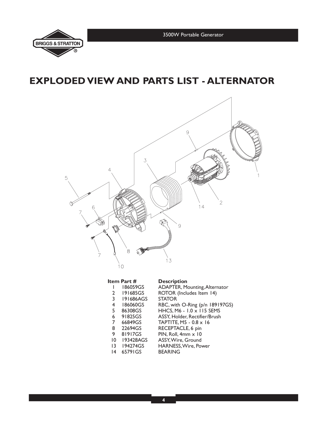 Briggs & Stratton 030208-1 manual Exploded View And Parts List - Alternator, 3500W Portable Generator, Description 
