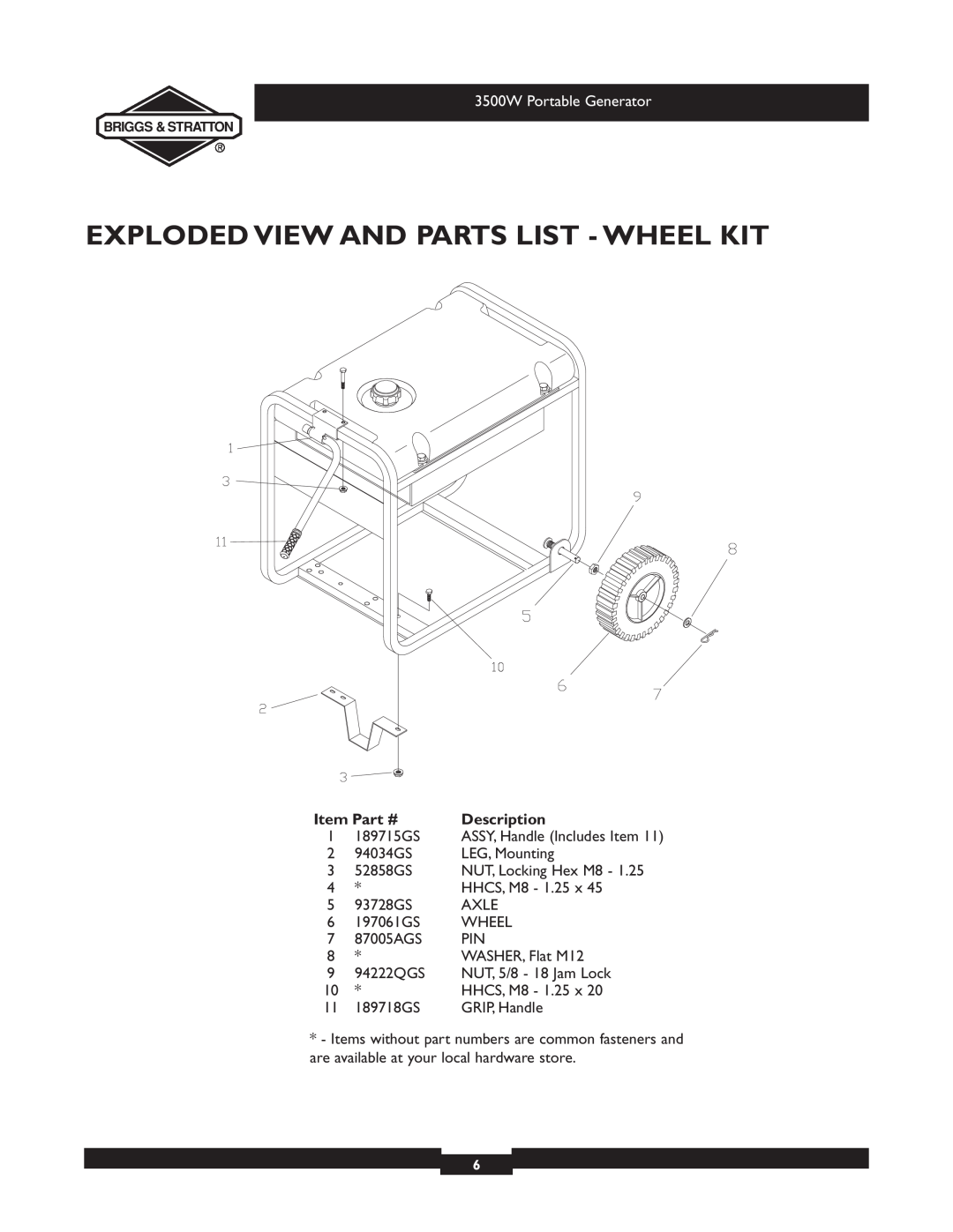 Briggs & Stratton 030208-1 manual Exploded View And Parts List - Wheel Kit, 3500W Portable Generator, Description 