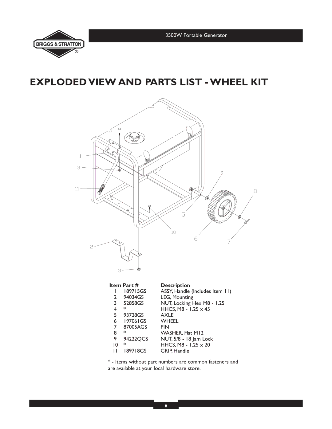 Briggs & Stratton 030208-1 manual Exploded View and Parts List Wheel KIT, Axle, Pin 