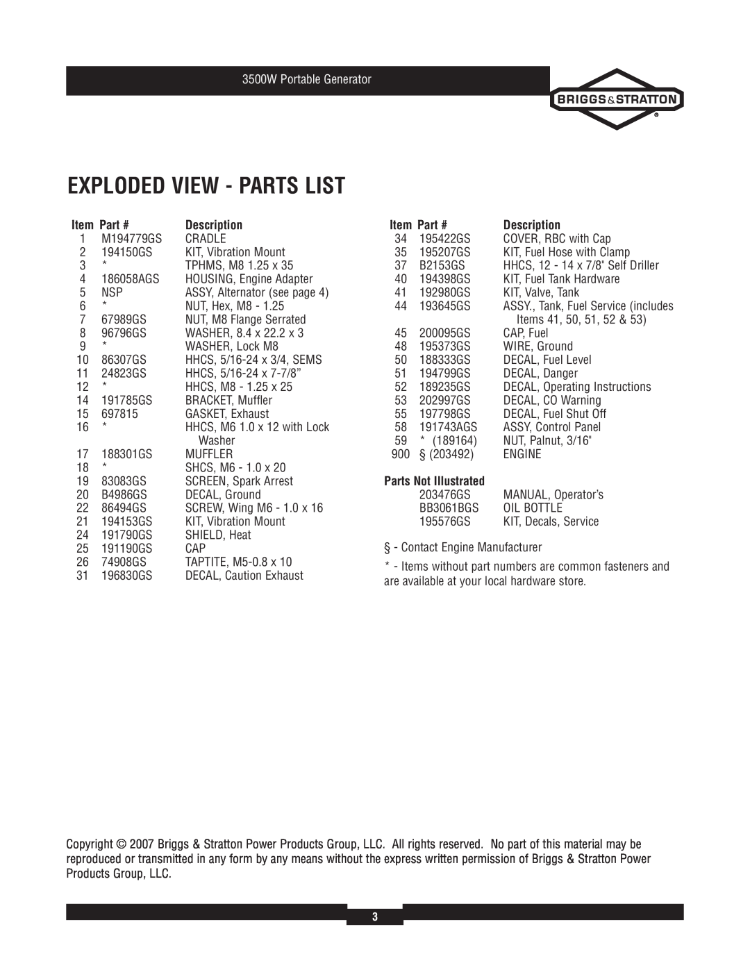 Briggs & Stratton 030208-2 manual Exploded View - Parts List, Description, Parts Not Illustrated, 3500W Portable Generator 