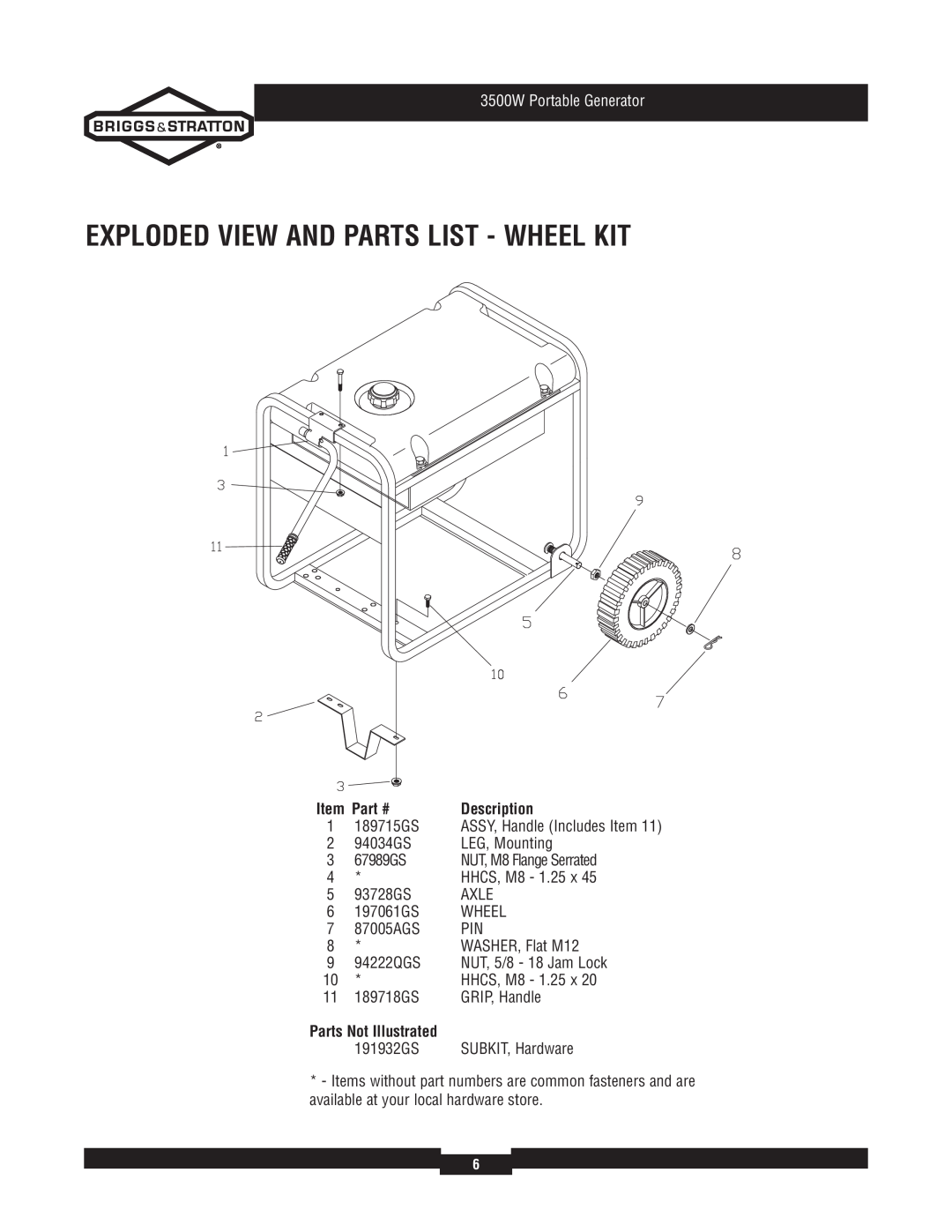Briggs & Stratton 030208-2 manual Exploded View And Parts List - Wheel Kit, 3500W Portable Generator, Parts Not Illustrated 