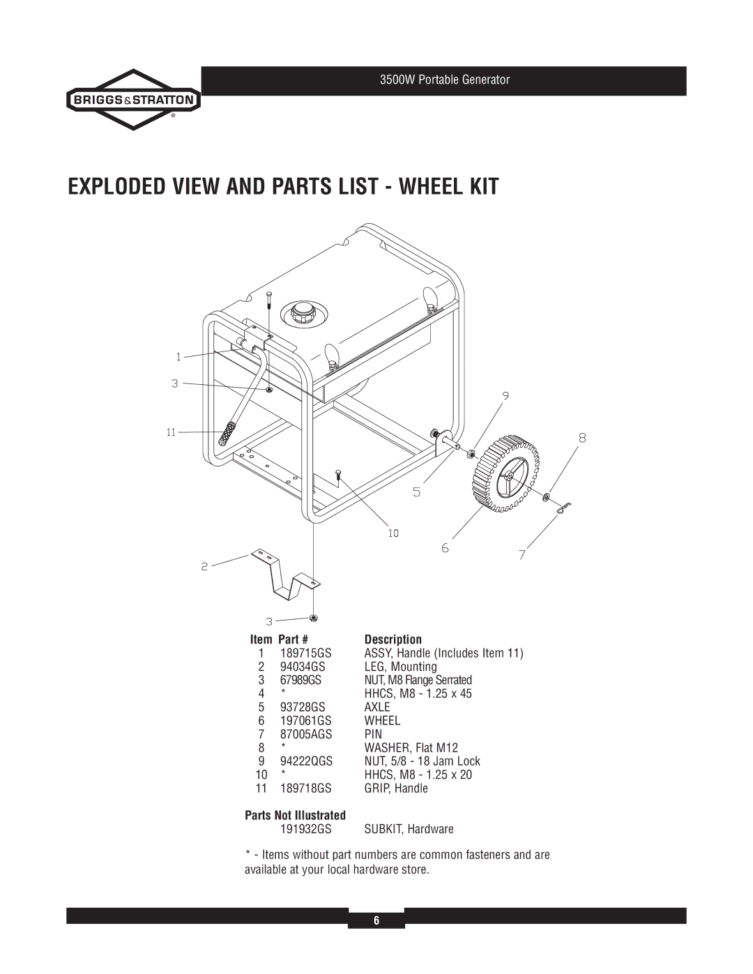 Briggs & Stratton 030208-2 manual Exploded View and Parts List Wheel KIT, Axle, Pin 