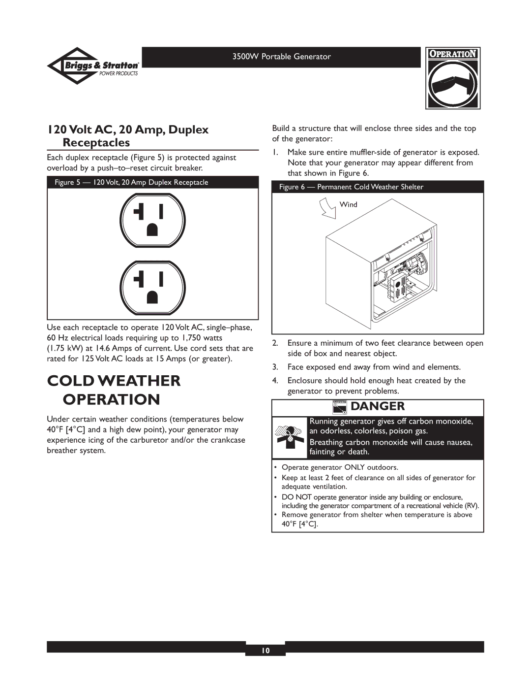 Briggs & Stratton 030208 owner manual Cold Weather Operation, Volt AC, 20 Amp, Duplex Receptacles 