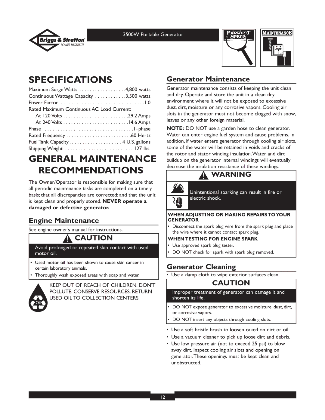 Briggs & Stratton 030208 Specifications, General Maintenance Recommendations, Engine Maintenance, Generator Maintenance 