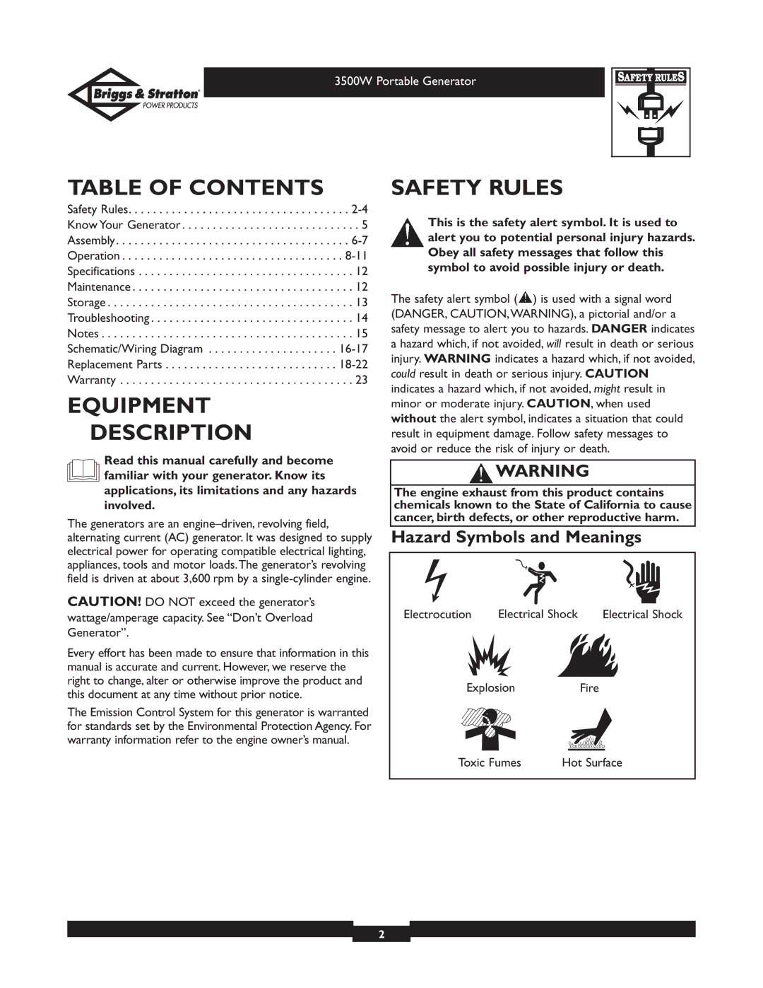 Briggs & Stratton 030208 owner manual Table of Contents, Equipment Description, Safety Rules 