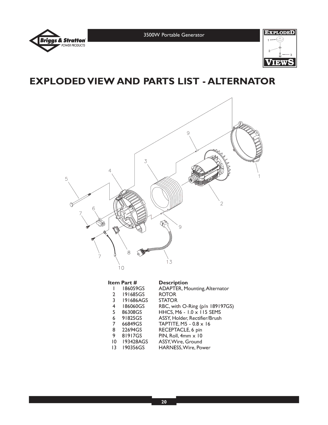 Briggs & Stratton 030208 owner manual Exploded View and Parts List Alternator, Stator 