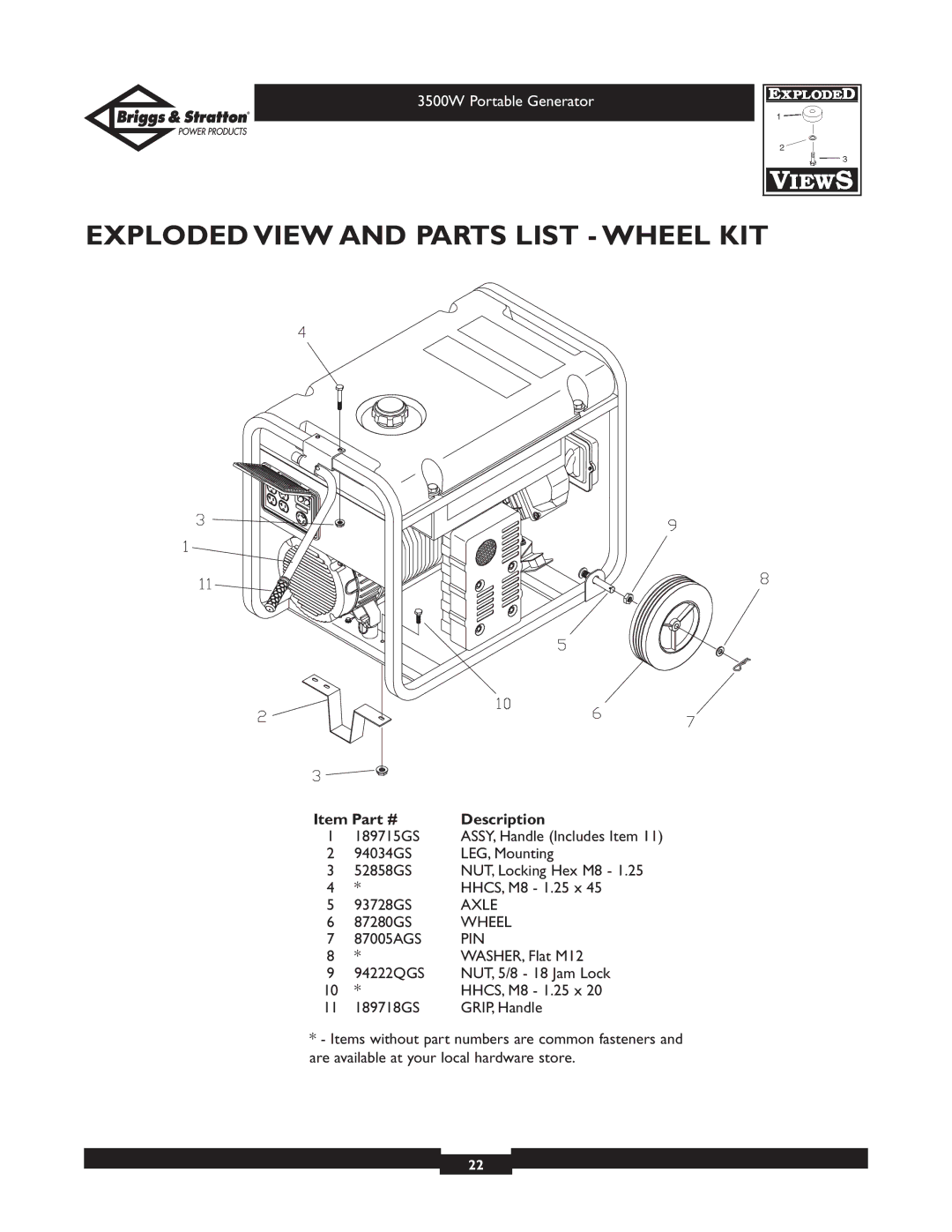 Briggs & Stratton 030208 owner manual Exploded View and Parts List Wheel KIT, Pin 