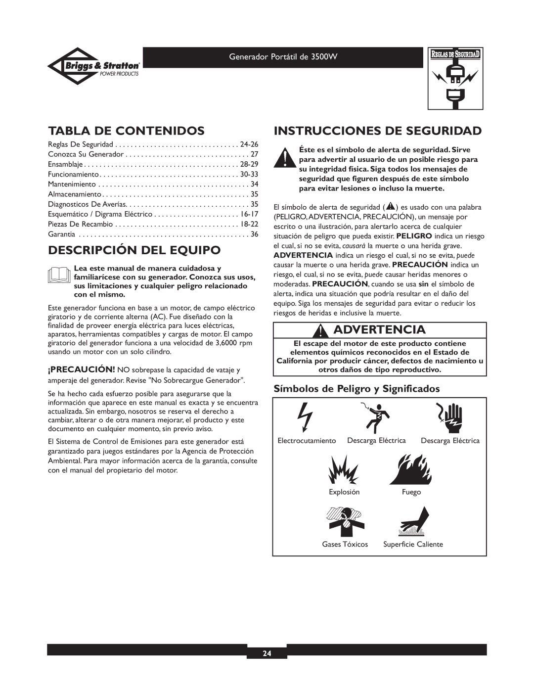 Briggs & Stratton 030208 owner manual Tabla DE Contenidos, Descripción DEL Equipo, Instrucciones DE Seguridad, Advertencia 