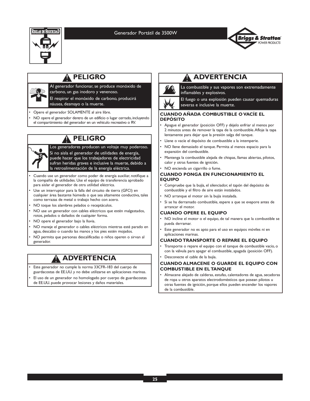 Briggs & Stratton 030208 Peligro, Cuando Añada Combustible O Vacíe EL Depósito, Cuando Ponga EN Funcionamiento EL Equipo 